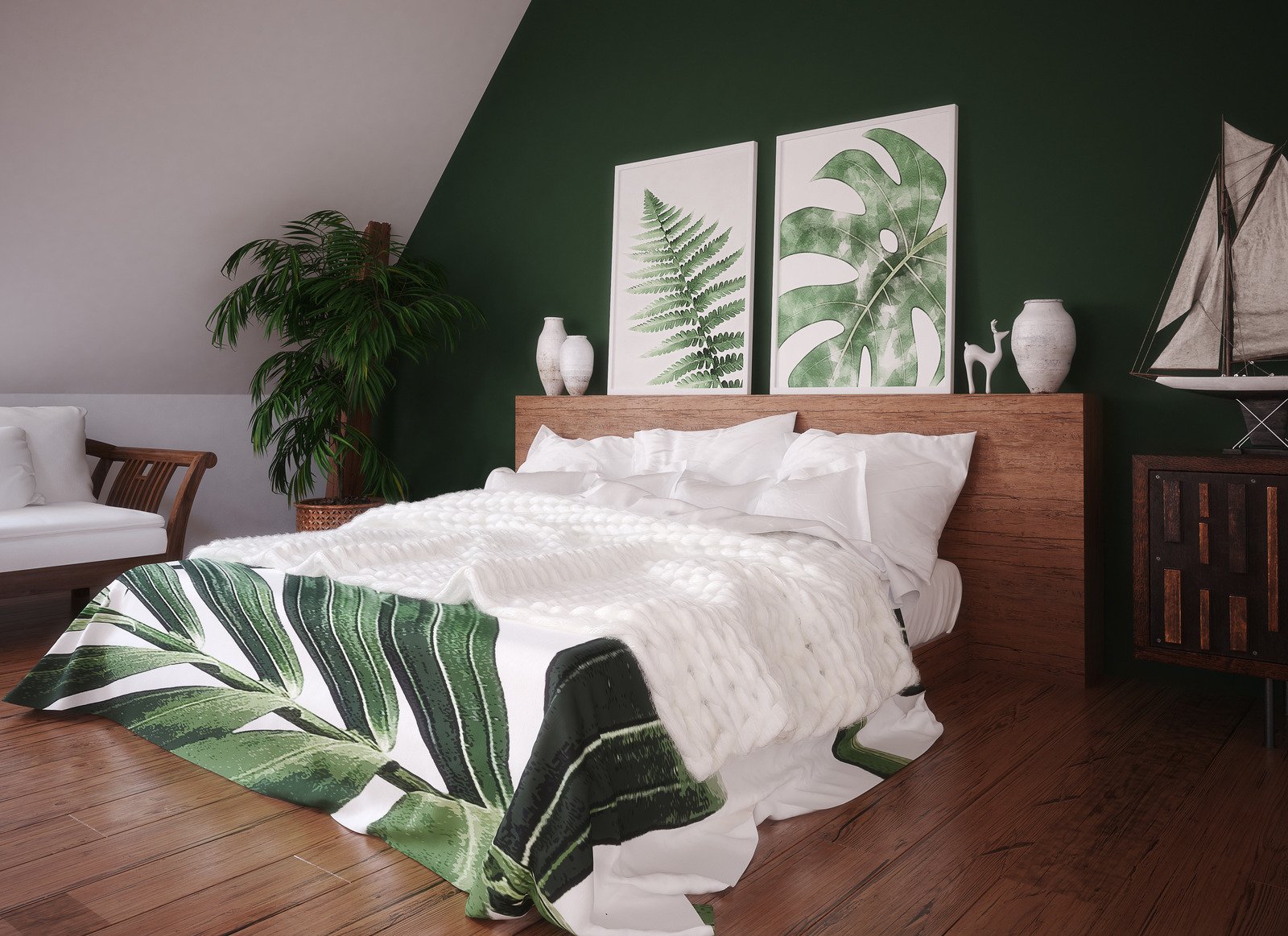Łóżko na tle zielonej ściany