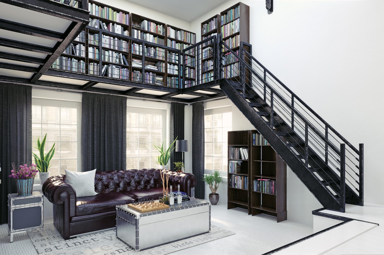 biblioteka domowa, czarne schody, antresola