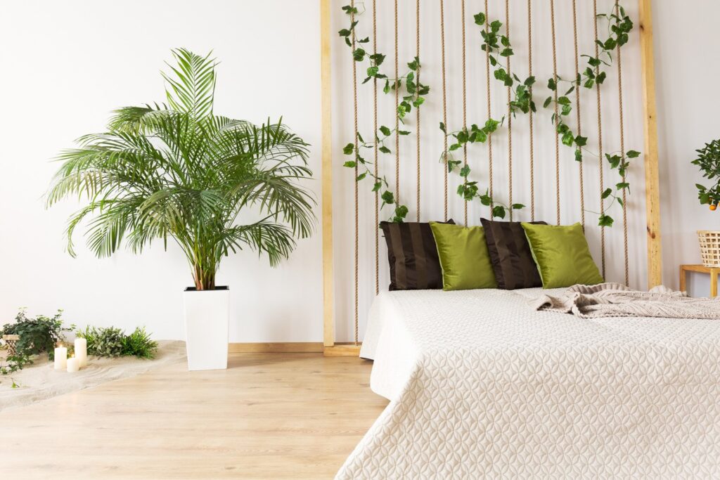 jasna sypialnia z roślinami