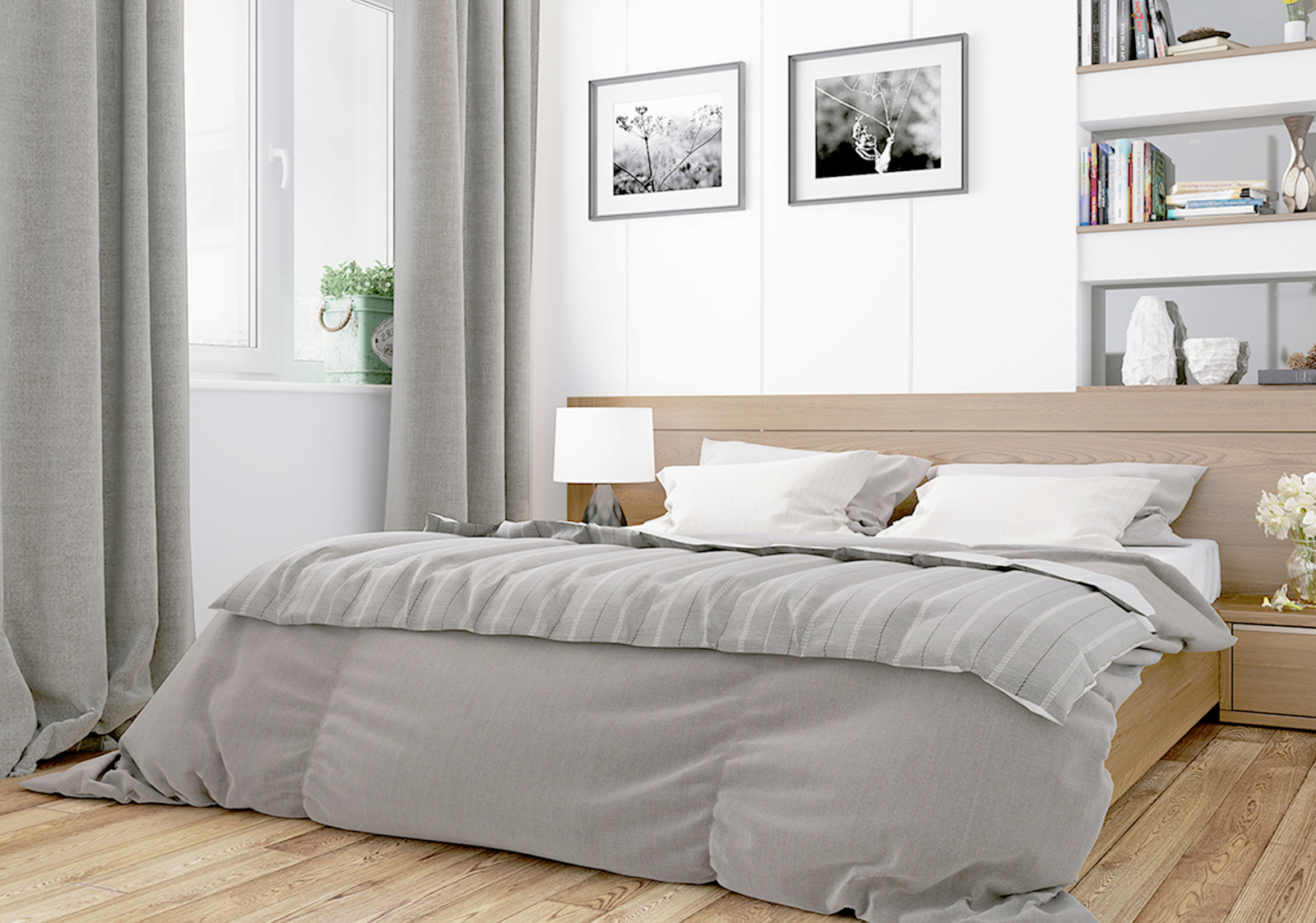 skandynawska sypialnia z szarym łóżkiem