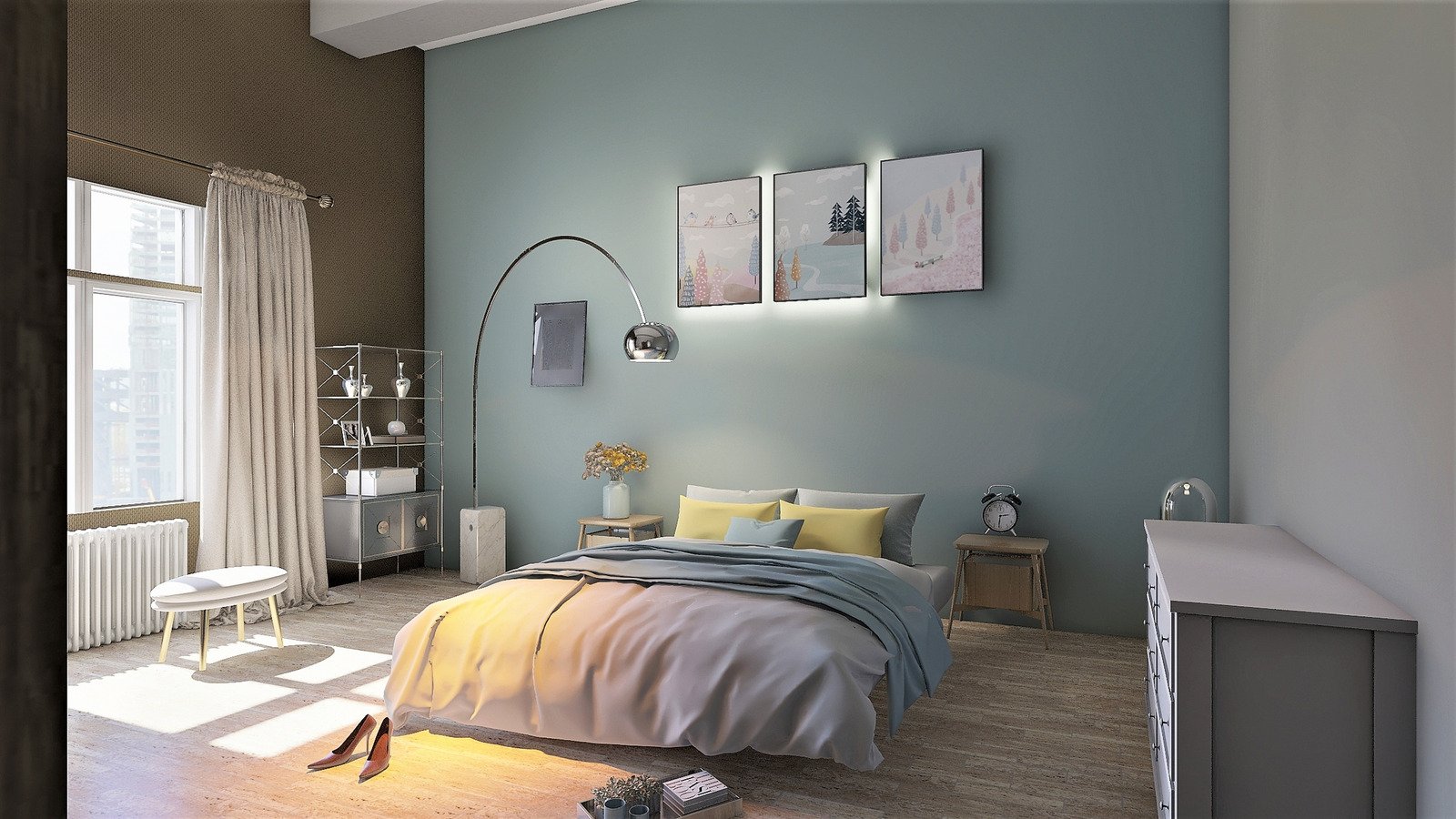 nowoczesna lampa, drewniana podłoga, błękitna ściana