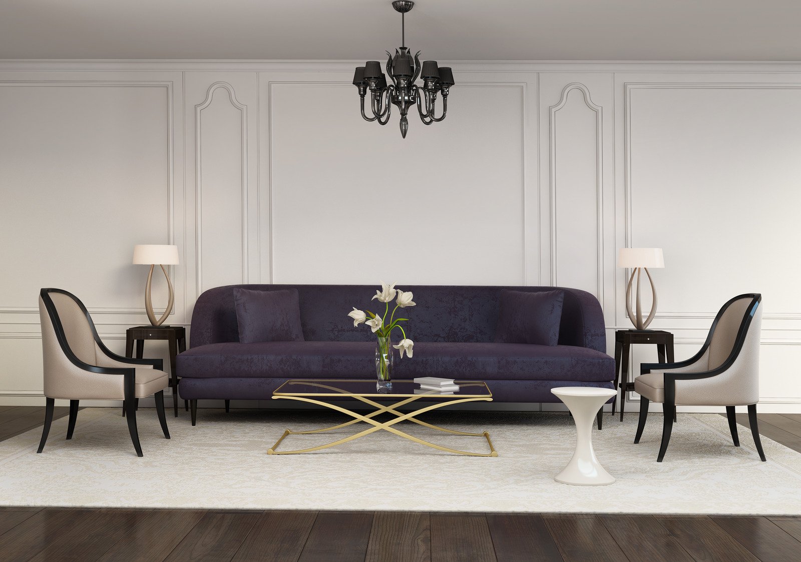 fioletowa sofa, szklany stolik,  biały dywan