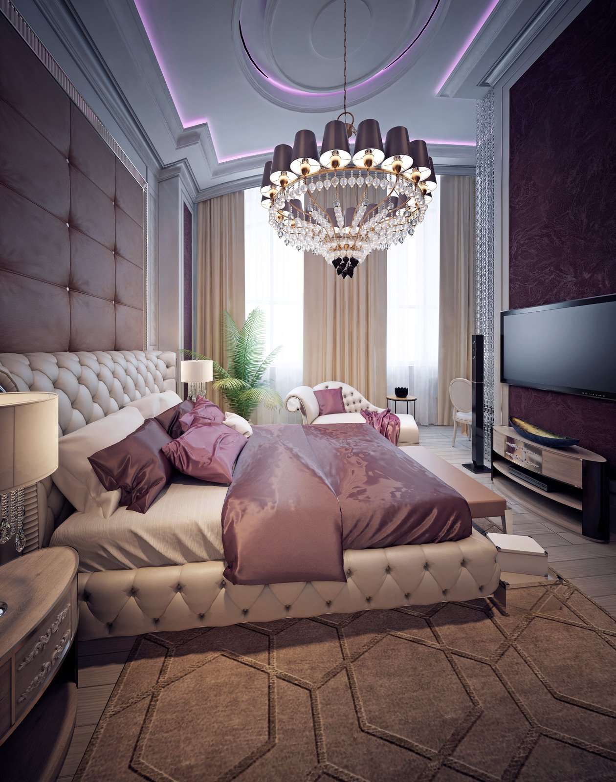 szafka przy łóżku, kryształowy żyrandol, pikowane łoże