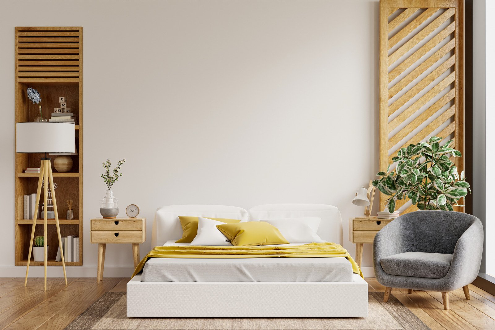 mała jasna sypialnia w minimalistycznym stylu