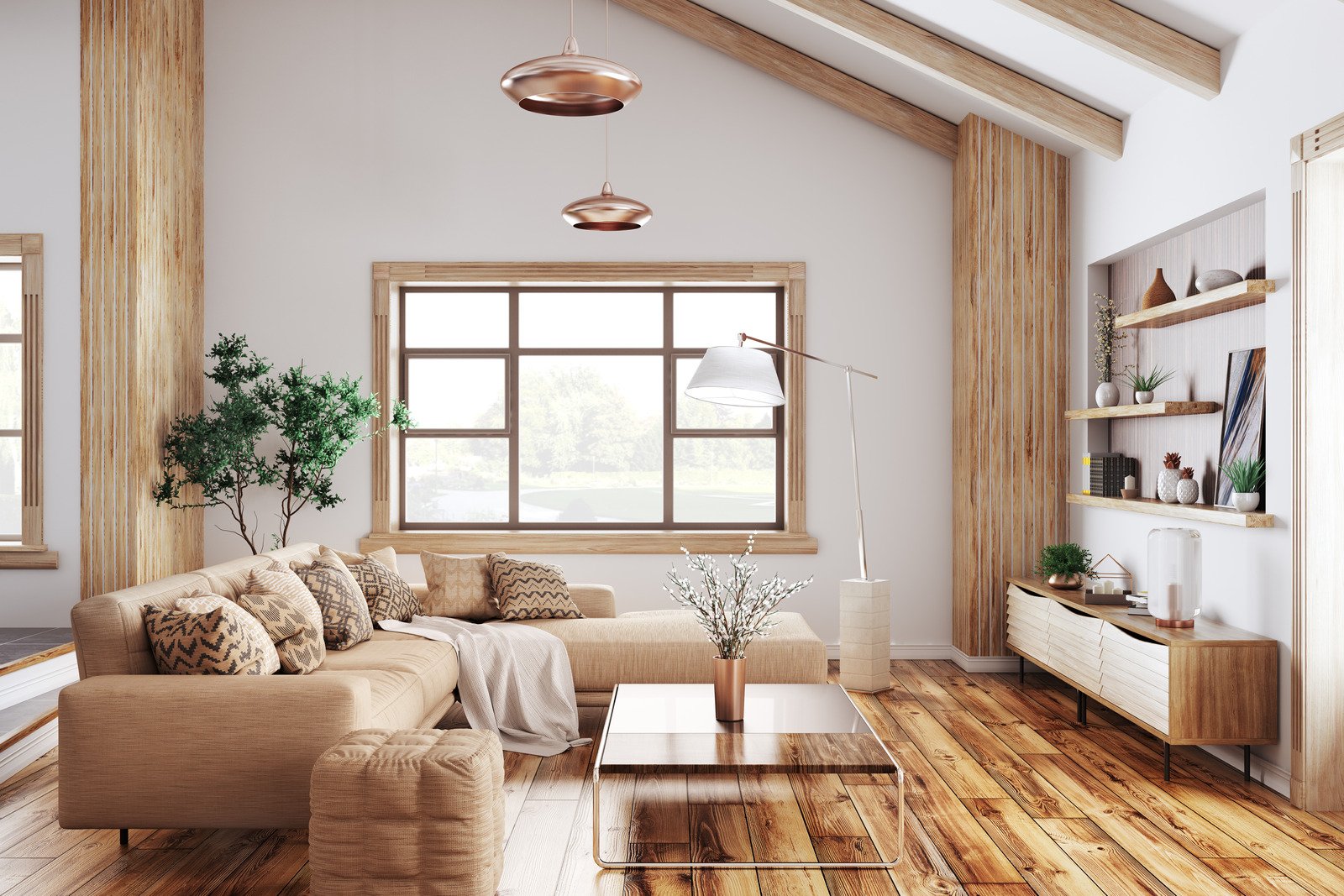 salon w beżowych kolorach, drewniana podłoga, białe ściany