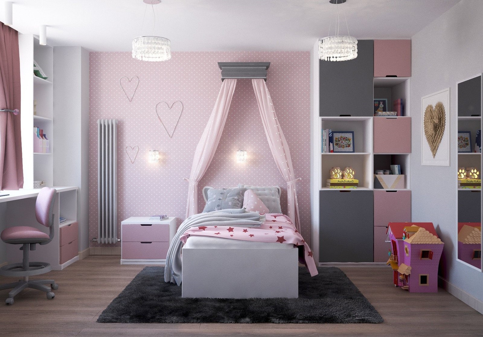 pokój dziewczynki z różową tapetą
