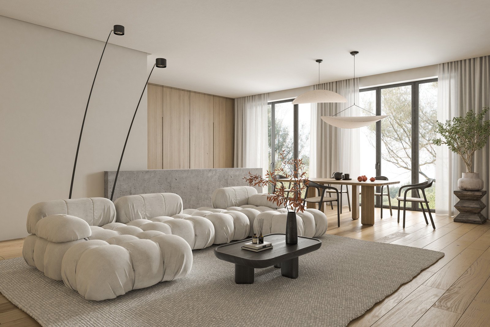 beżowe lub szare ściany w minimalistycznym salonie, sofa japandi