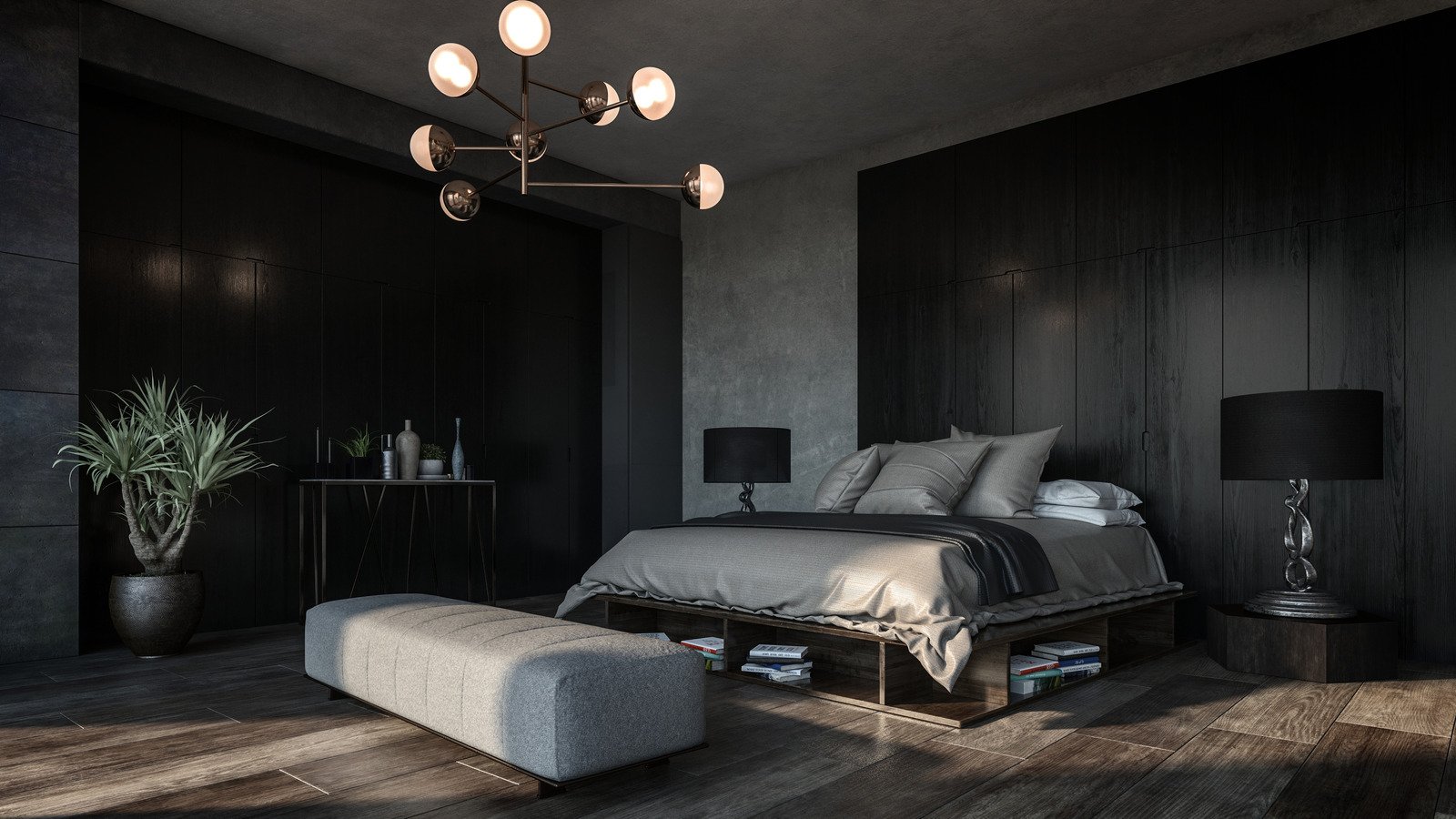 lampy z kloszami-kulami w sypialni, trendy wnętrzarskie