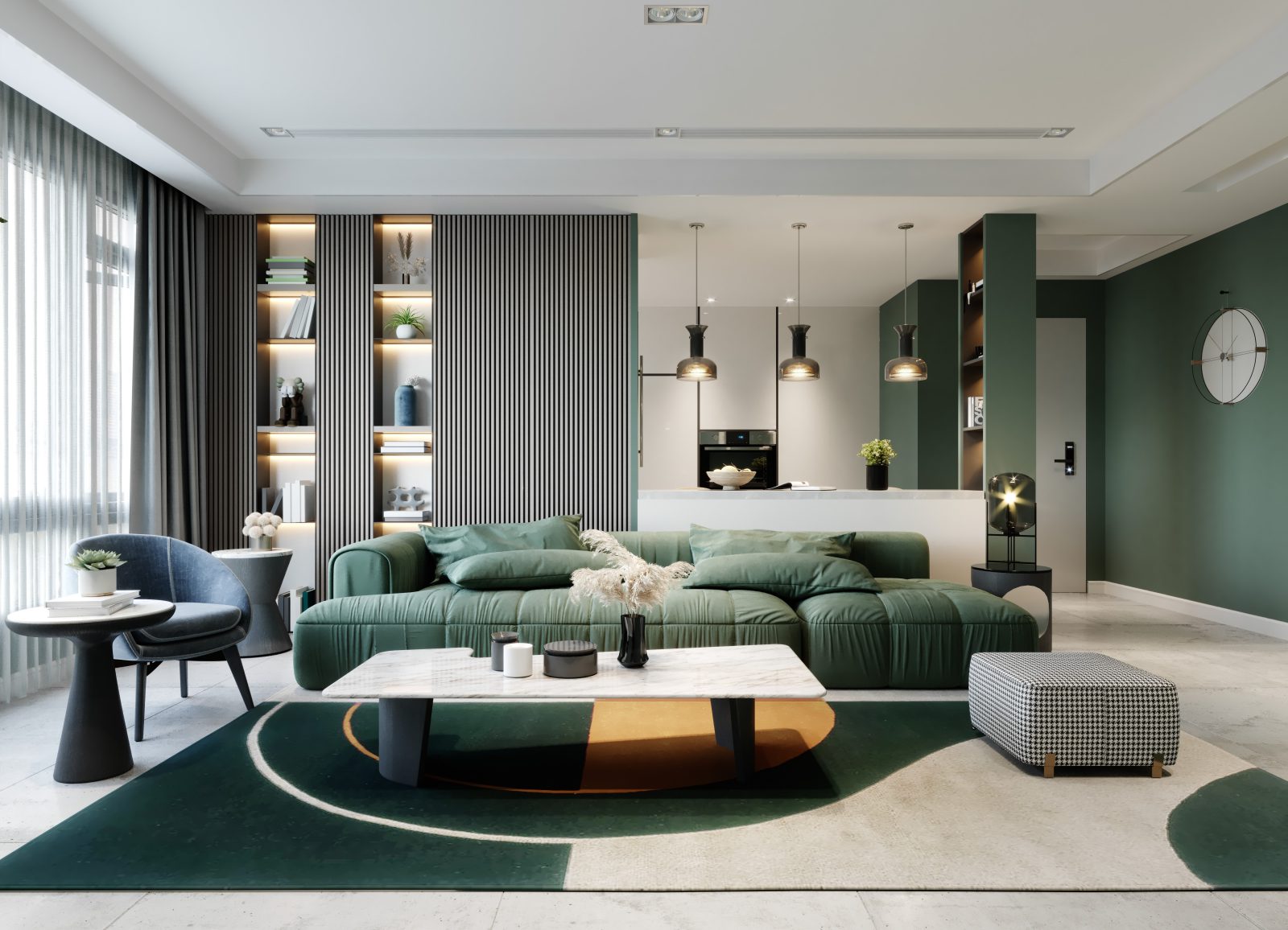 nowoczesny salon zielone ściany i kanapa