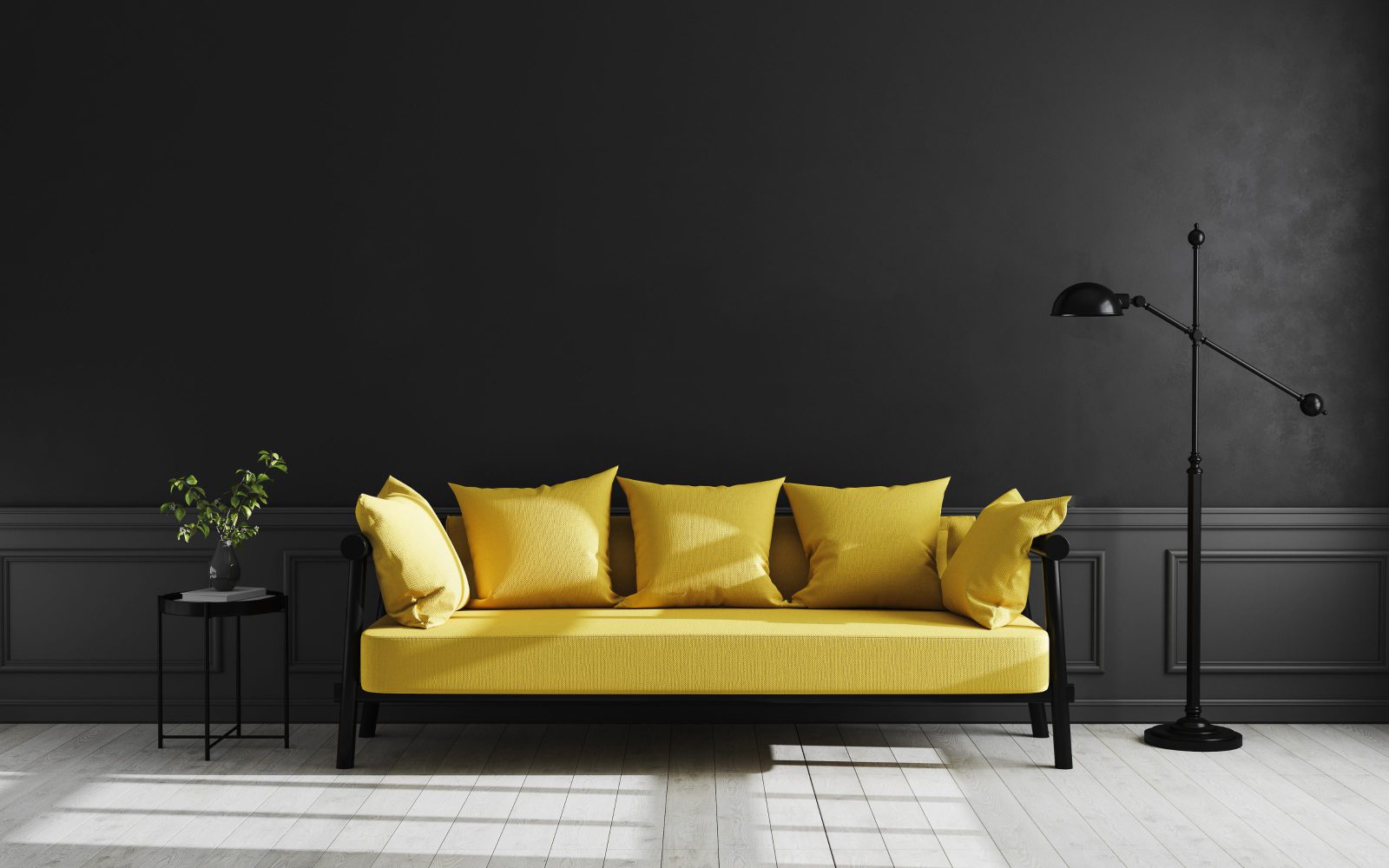 żółta sofa, czarna ściana