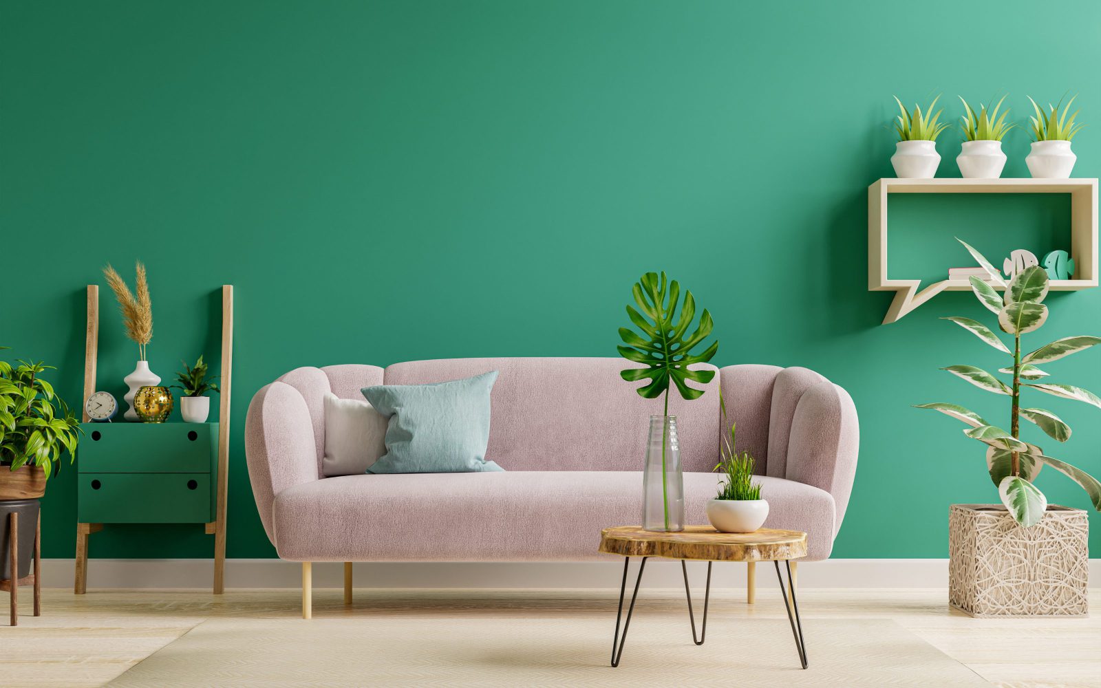 rośliny, różowa sofa, zielona ściana