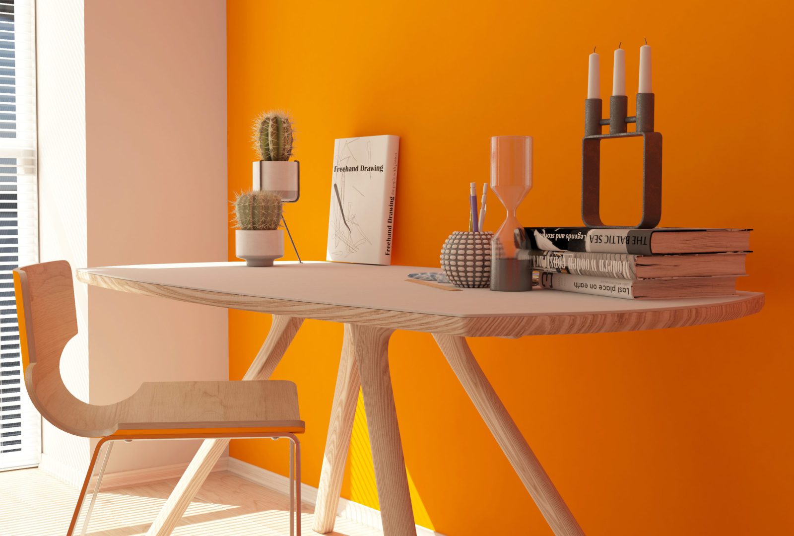 drewniane krzesło i stół, pomarańczowa ściana