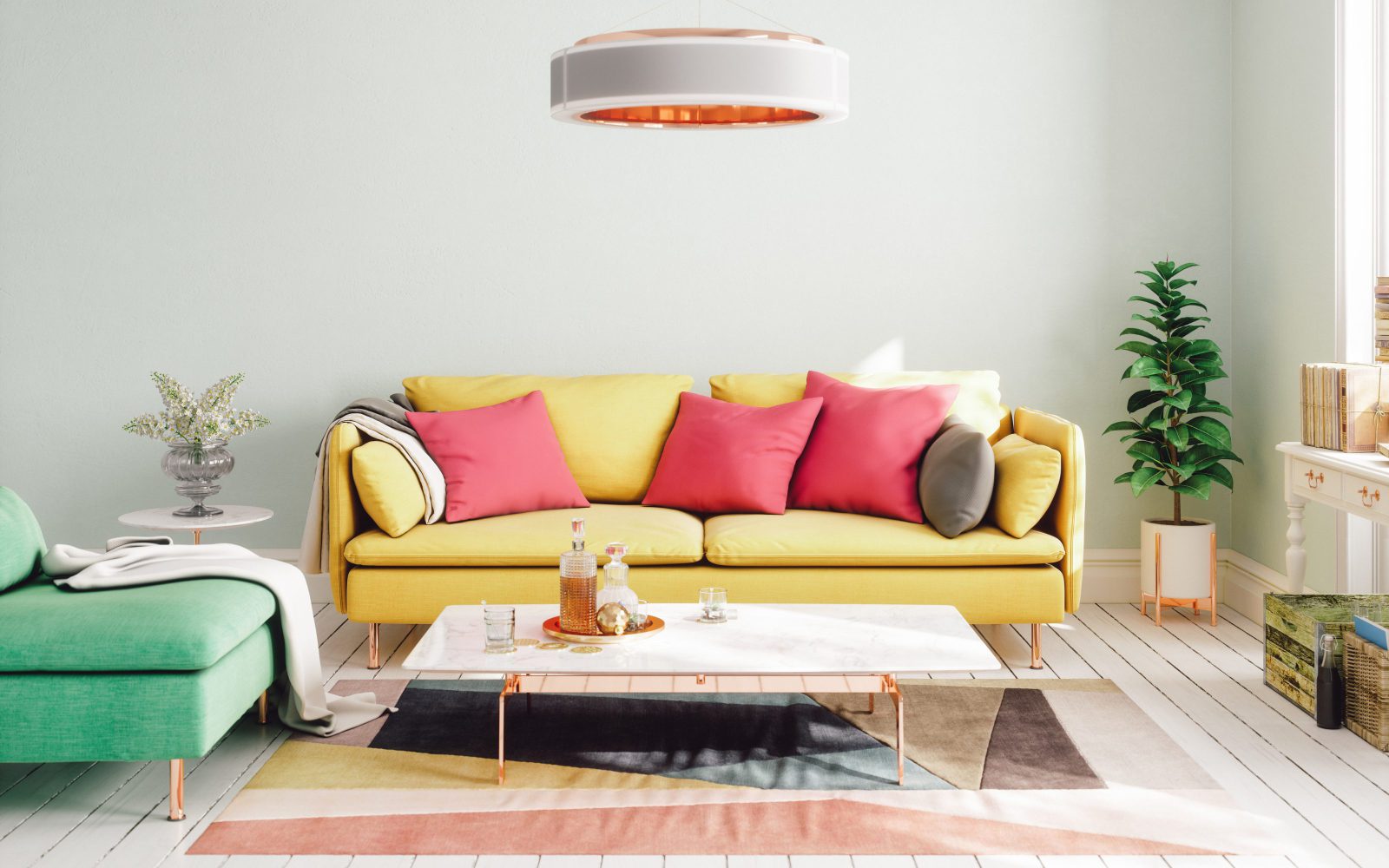 żółta sofa, czerwone poduszki