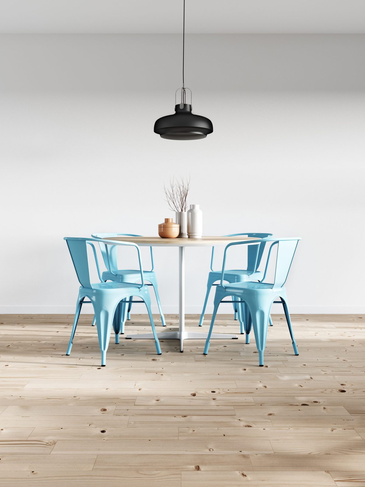 niebieskie krzesła, drewniany stół