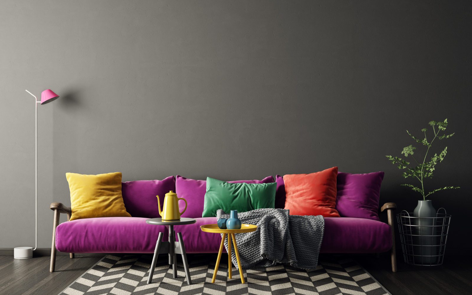 kolorowa sofa i poduszki