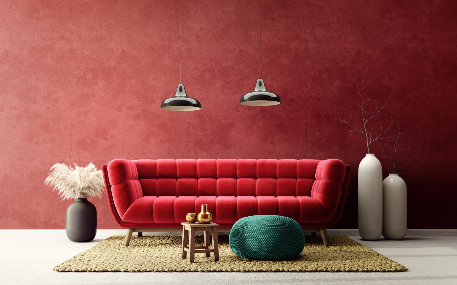 czerwona sofa, czerwona ściana