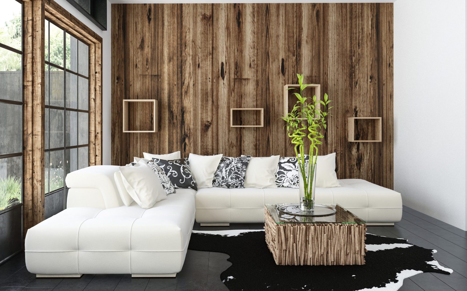 biała sofa, drewniana ściana