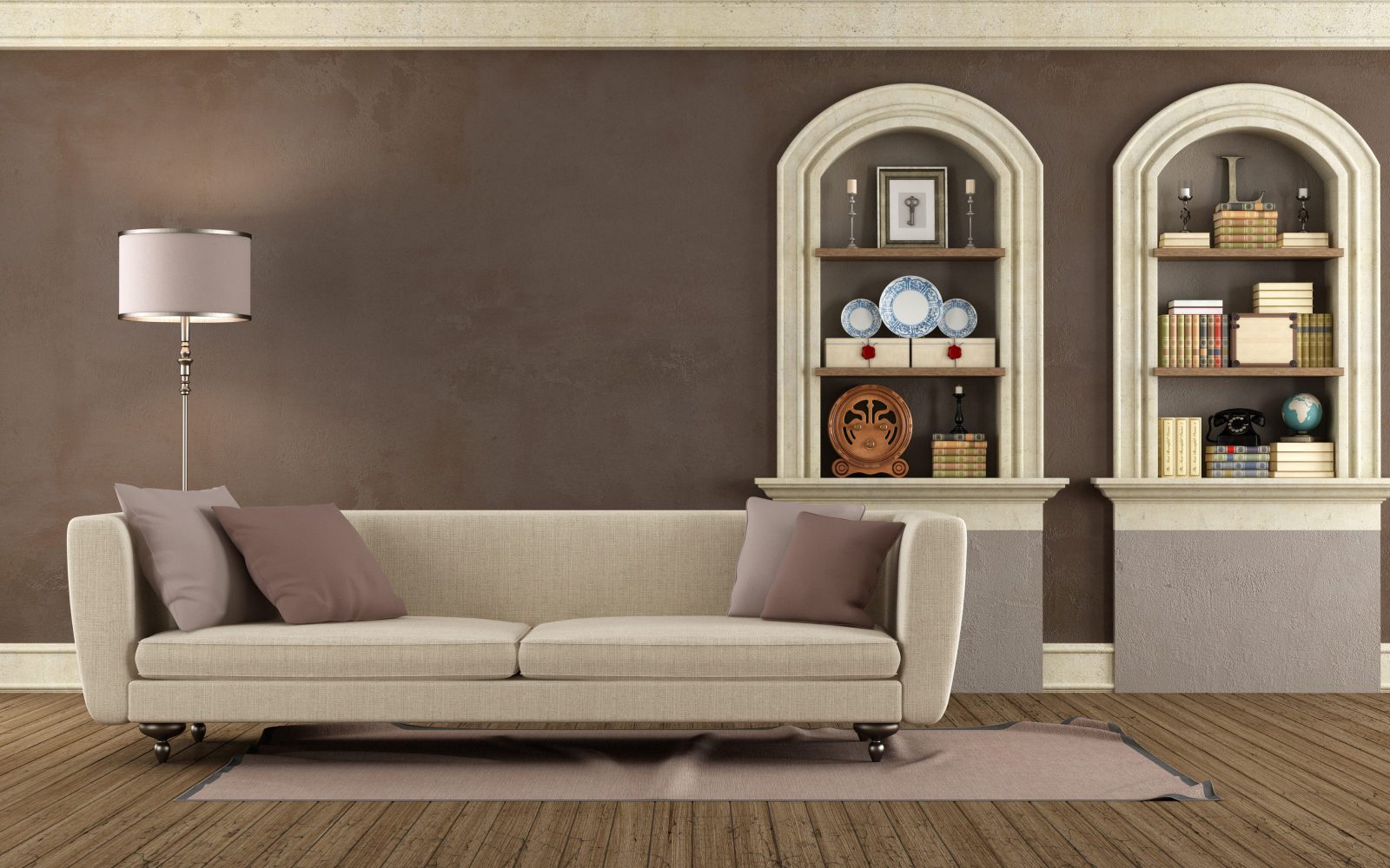 beżowa sofa, półki w ścianie