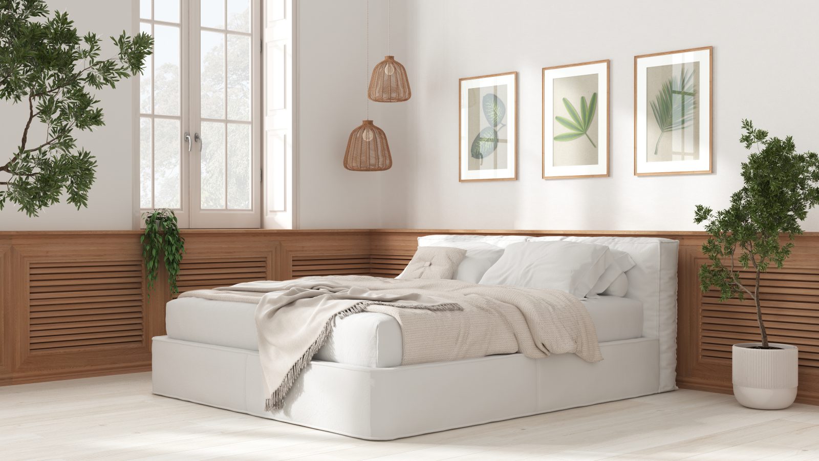 białe łożko i ściany, drewniane dodatki