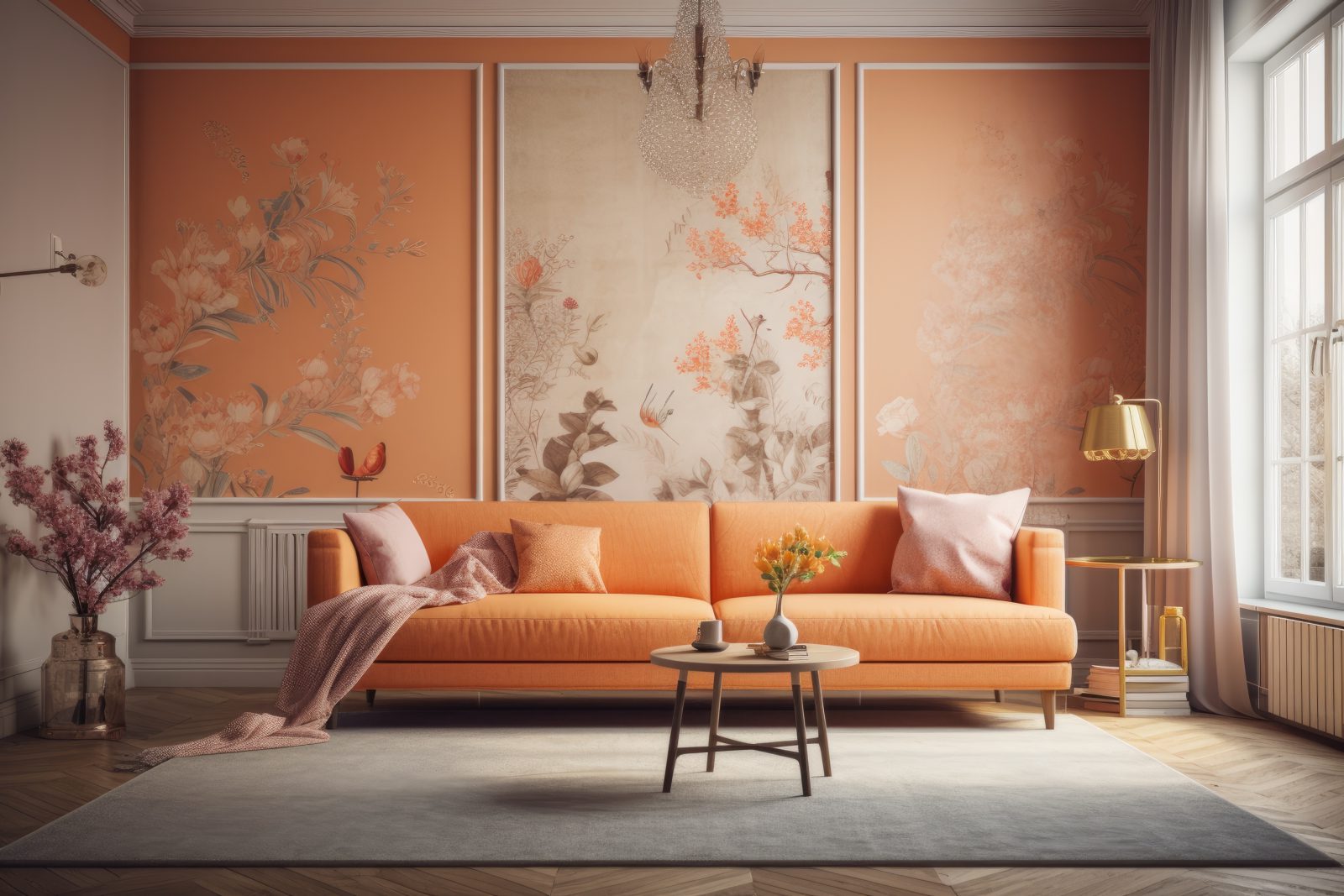 pomarańczowe ściany, retro salon