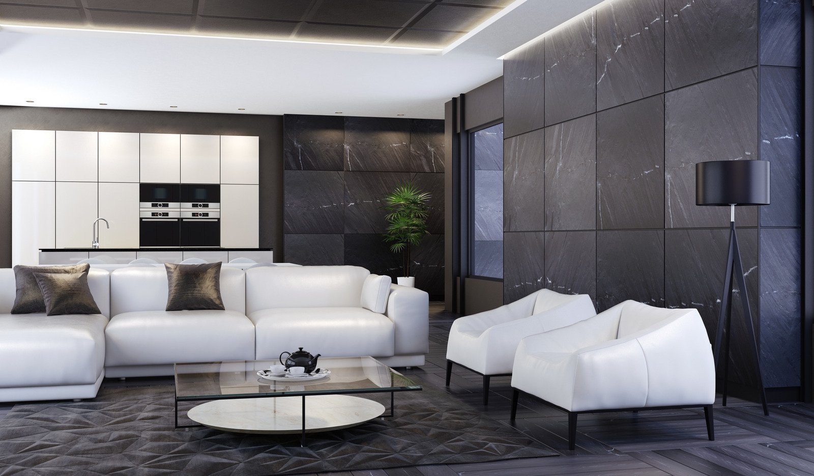 biała sofa, czarne ściany w salonie
