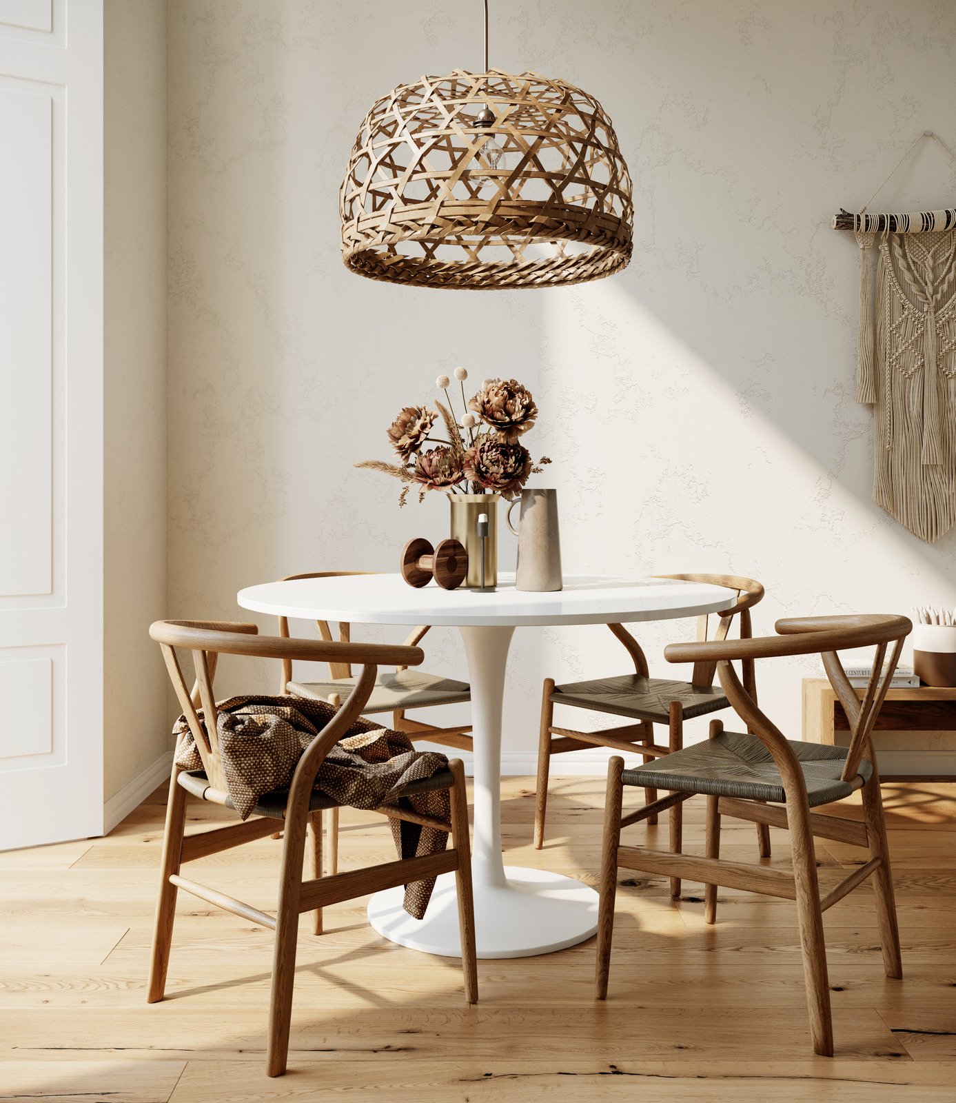 drewniane krzesła, biały stół, drewniana podłoga, pleciona lampa