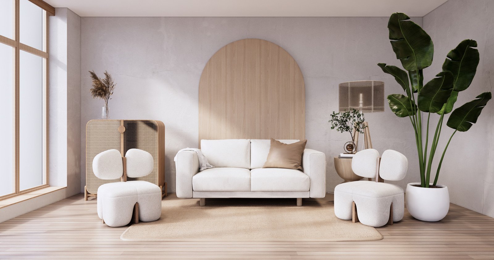 biała sofa, salon japandi, drewniana podłoga