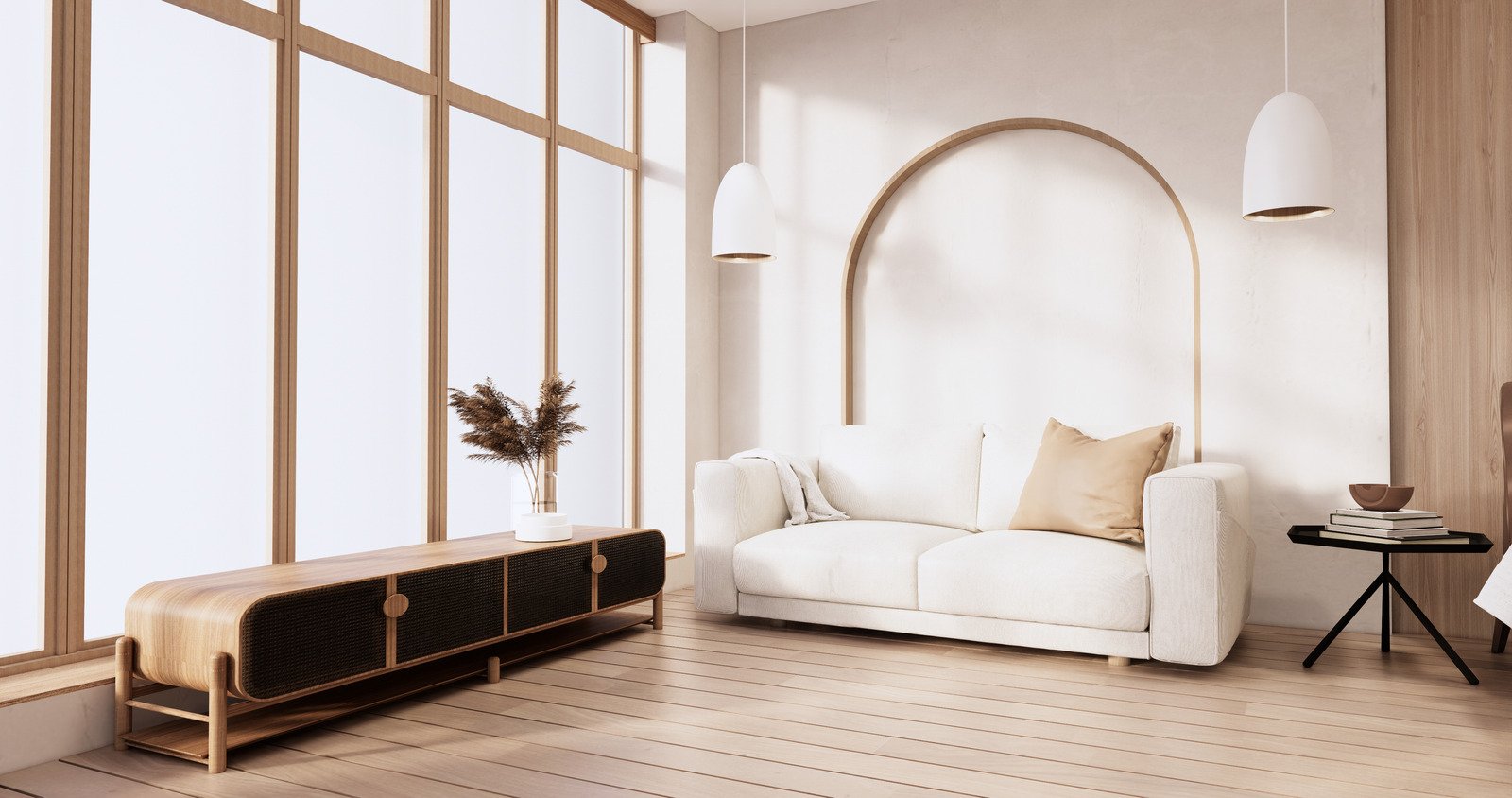 biała sofa, drewniana podłoga