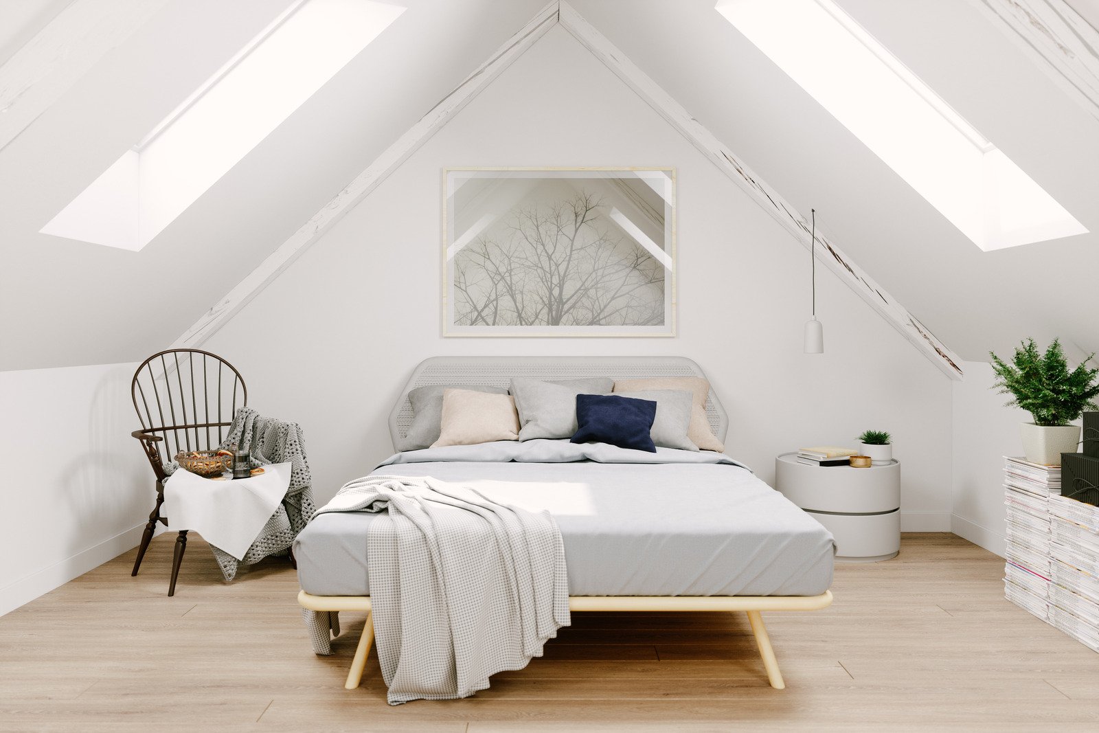 białe ściany, drewniana podłoga, sypialnia w stylu skandynawskim