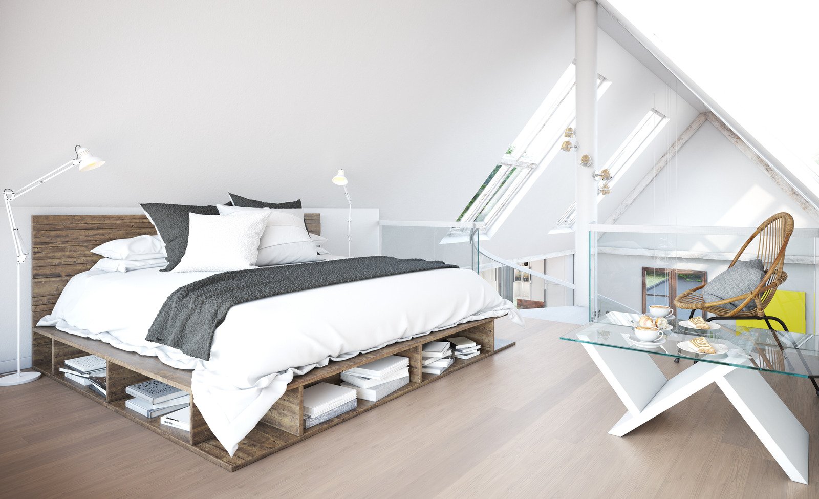 sypialnia na poddaszu, drewniane łóżko