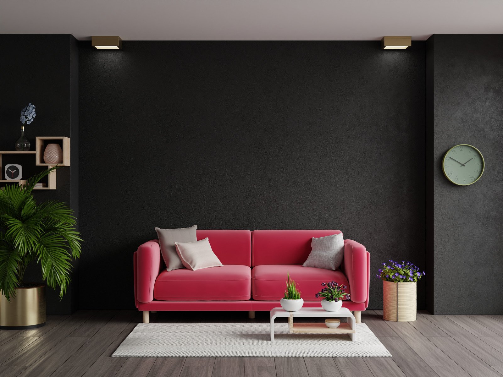 sofa w kolorze magenta, czarne ściany