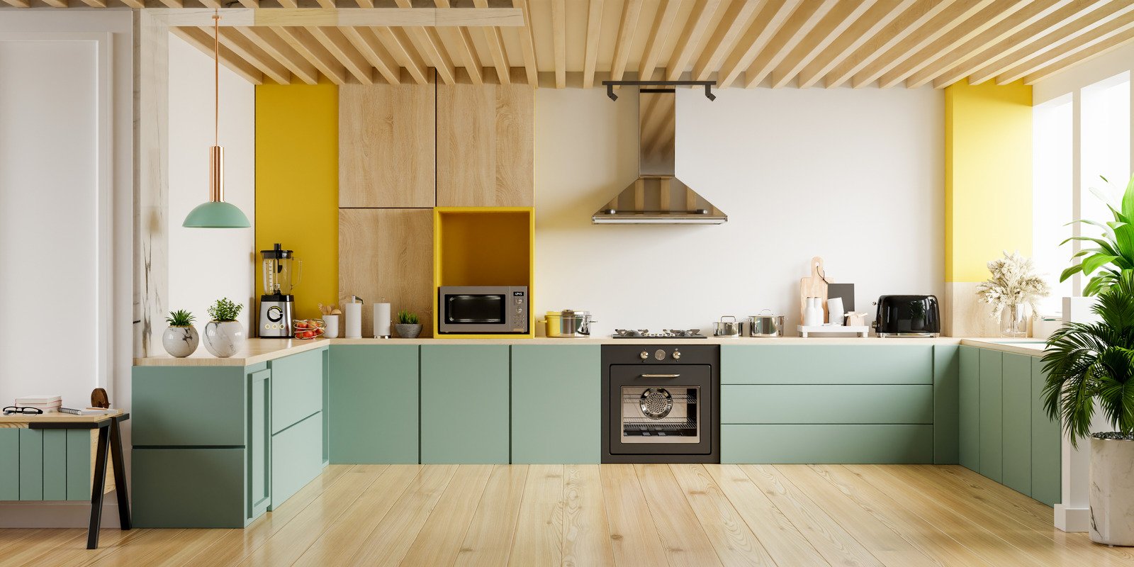 kolorowa kuchnia, drewniana podłoga