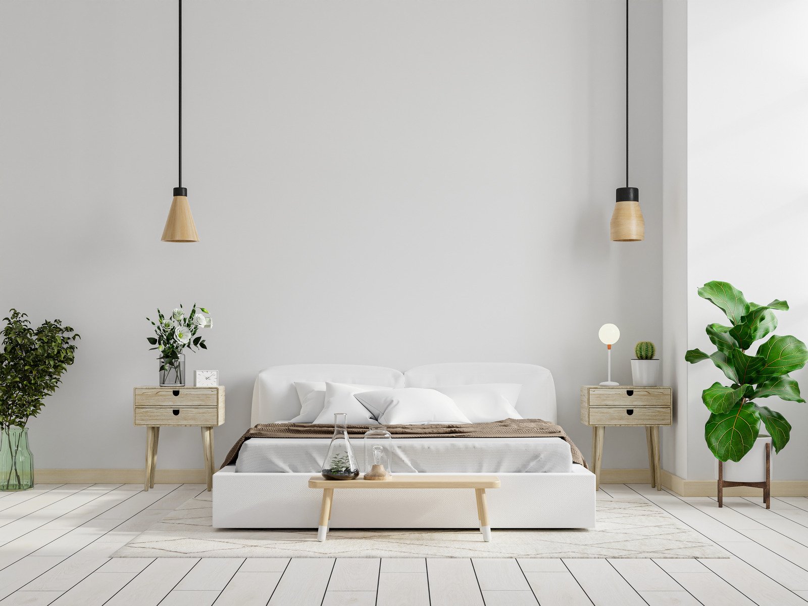 drewniane szafki nocne, drewniana podłoga w sypialni