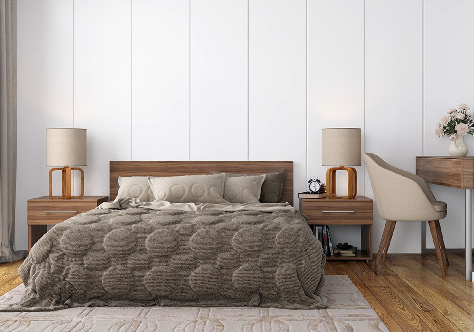 minimalistyczna sypialnia, drewniane meble w sypialni