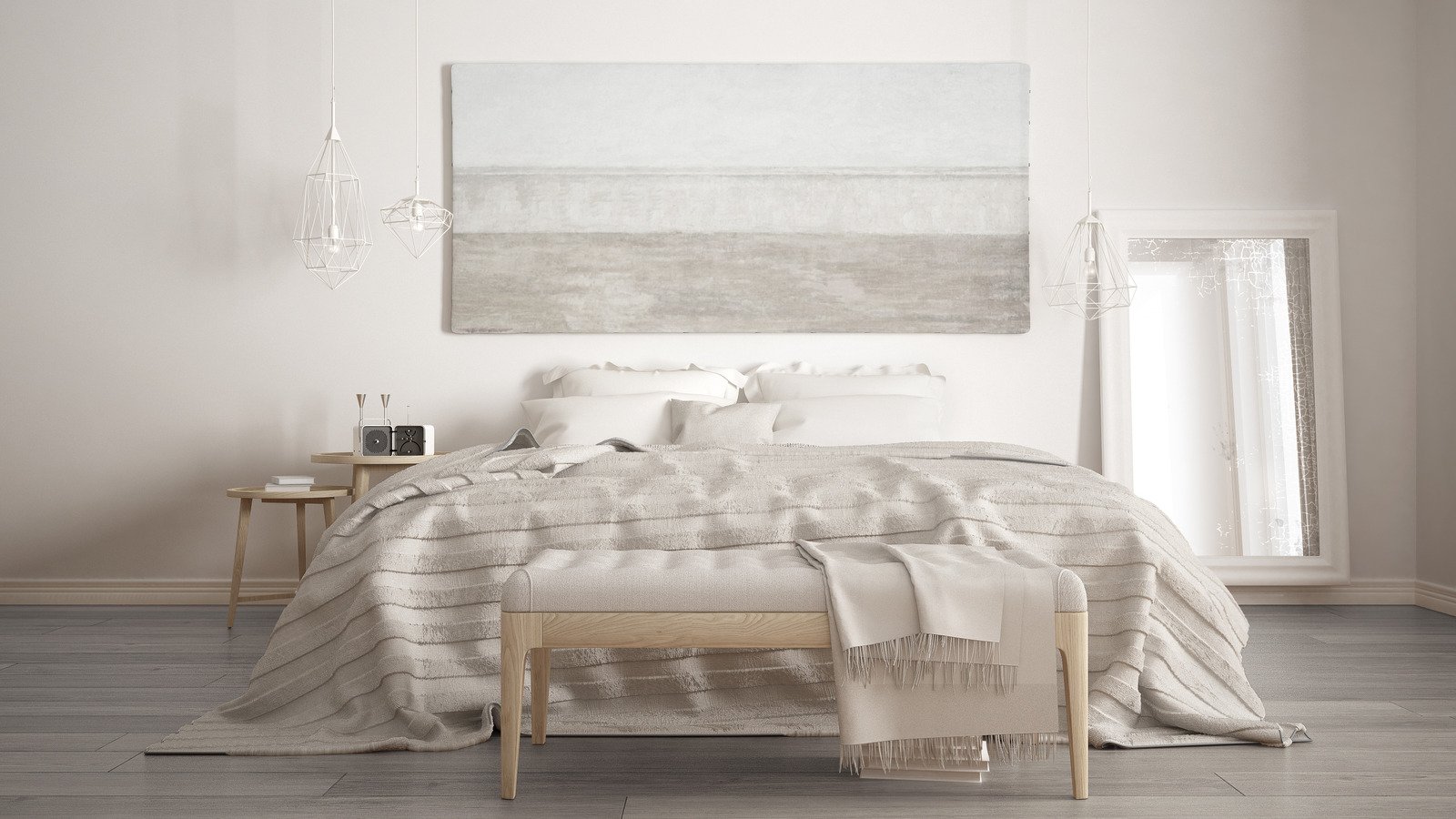 sypialnia w bieli, białe ściany, drewniane meble