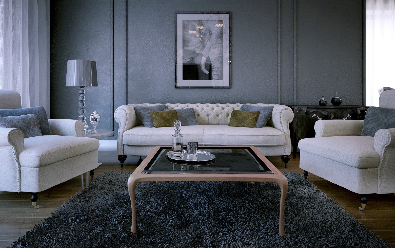 biała pikowana sofa, stolik kawowy, szare ściany w salonie