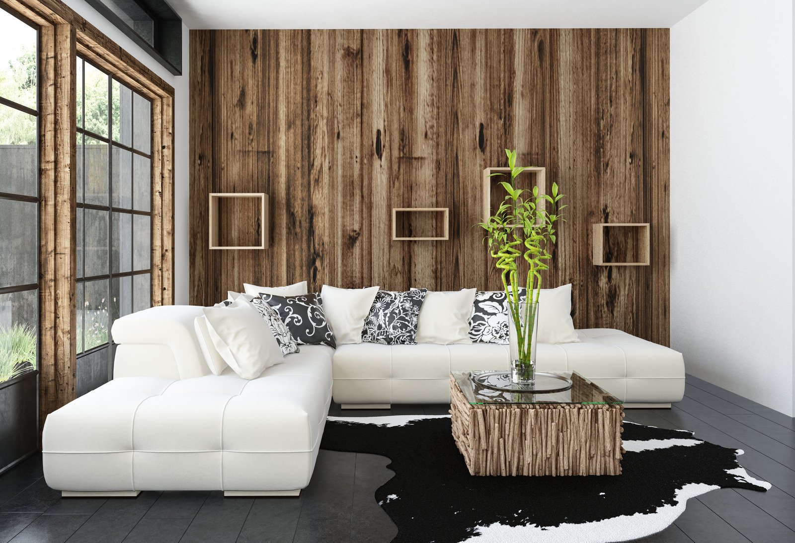 biała sofa narożnik, drewniana ściana