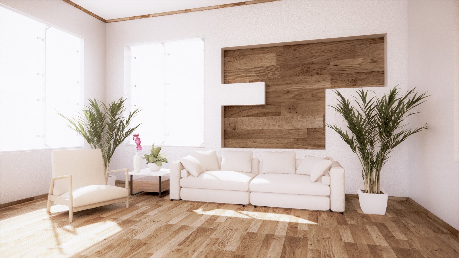 drewniana podłoga, biała sofa