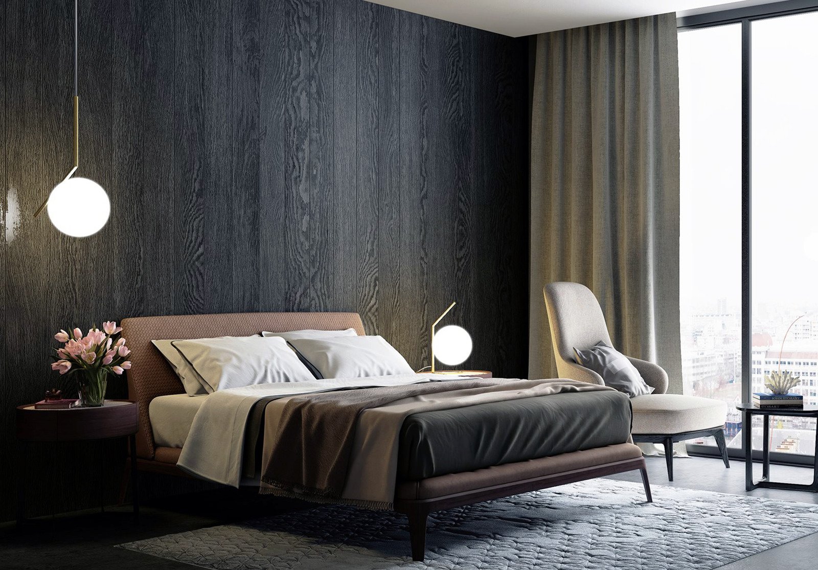 czarna drewniana ściana, sypialnia