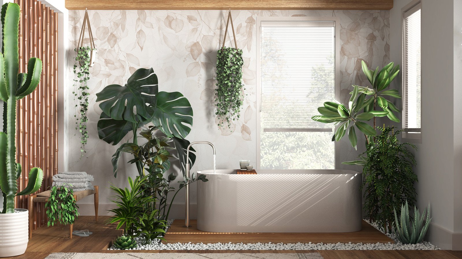 rośliny w łazience, drewniana podłoga w łazience