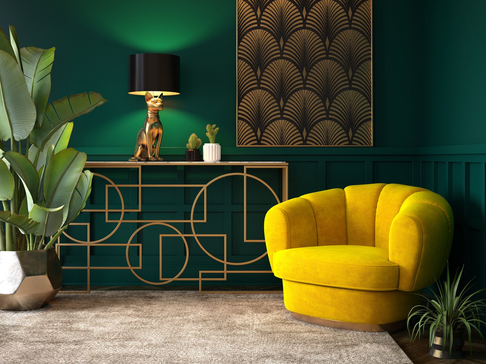 zielona ściana, złote dodatki, żółty fotel